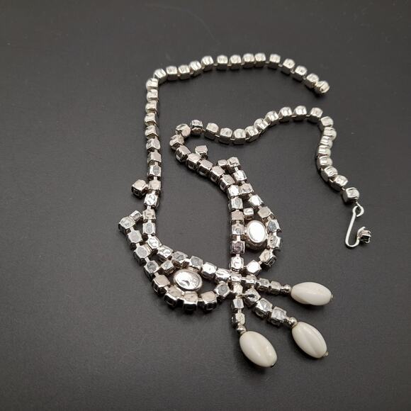 Vintage Milk Glass & Rhinestone Tassel Choker Necklace 15 Inch Rhodium - Picture 10 of 10